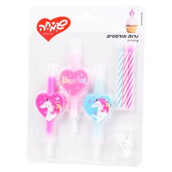 סט 6 נרות מודפסים - לב חד קרן