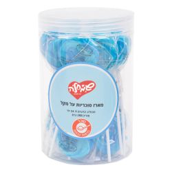 מארז סוכריות על מקל 12 גר 24 יח בצנצנת עיגול כחול לבן