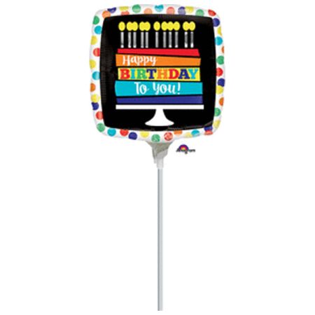 בלון על מקל 9 מרובע- HBD עוגת קשת בענן