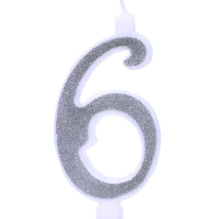 נר מספר ענק נצנצים כסף ולבן 6