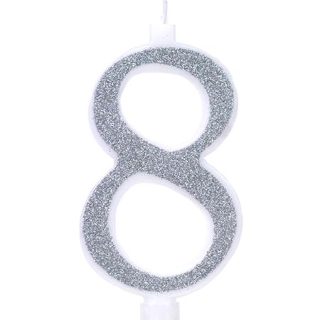 נר מספר ענק נצנצים כסף ולבן 8