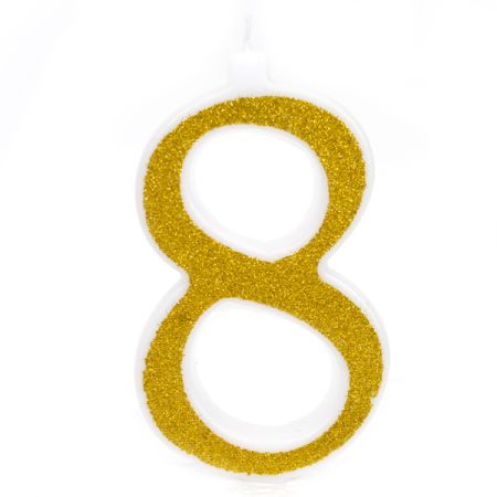 נר מספר ענק נצנצים זהב ולבן 8