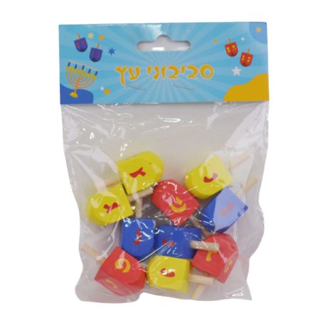 סביבון עץ - צבעוני 10 יח' בשקית