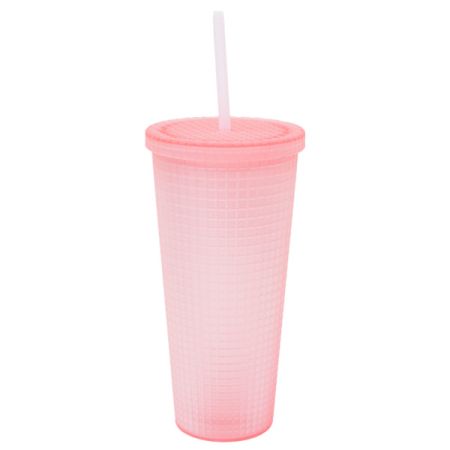 כוס פלסטיק יהלומים 650 מל  עם קשית  - ורוד בייבי