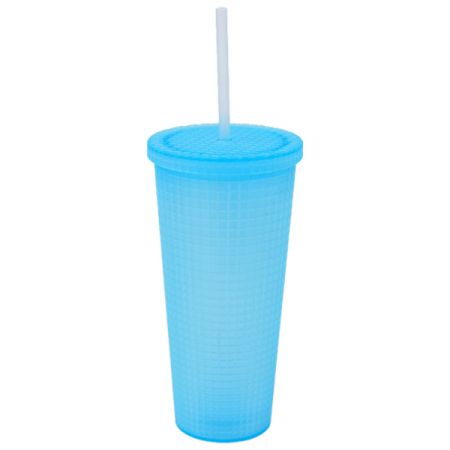 כוס פלסטיק יהלומים 650 מל  עם קשית  - תכלת