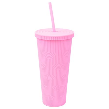 כוס פלסטיק קשתות 650 מל עם קשית  - ורוד