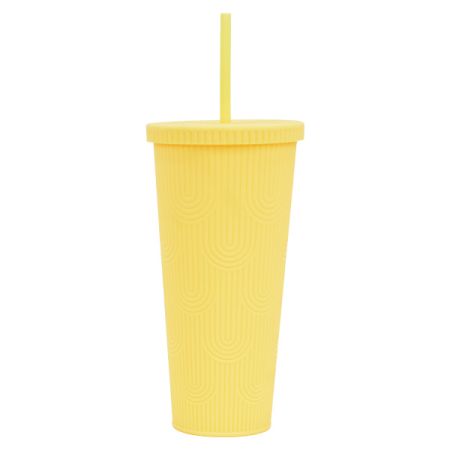 כוס פלסטיק קשתות 650 מל עם קשית  - צהוב