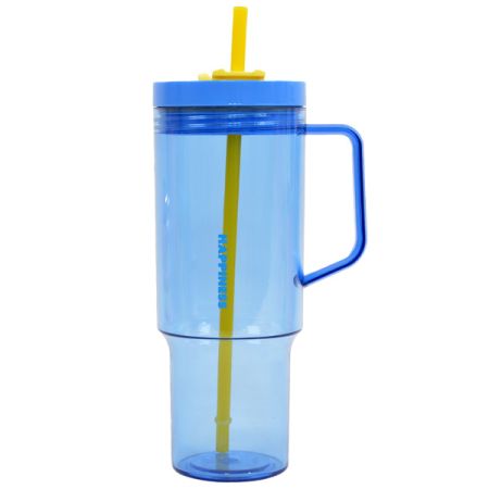 כוס פלסטיק עם קשית וידית אחיזה 1.18 ליטר  - כחול