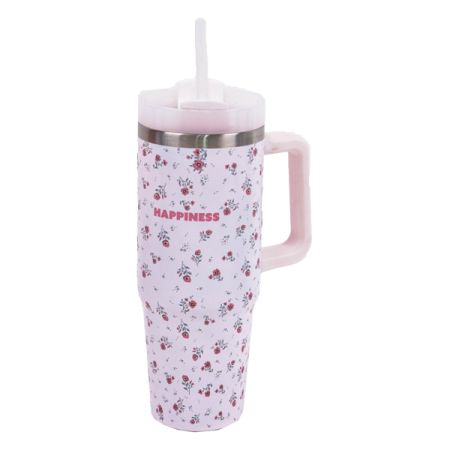 כוס תרמית עם ידית אחידה 900 מל - פרחוני שמנת