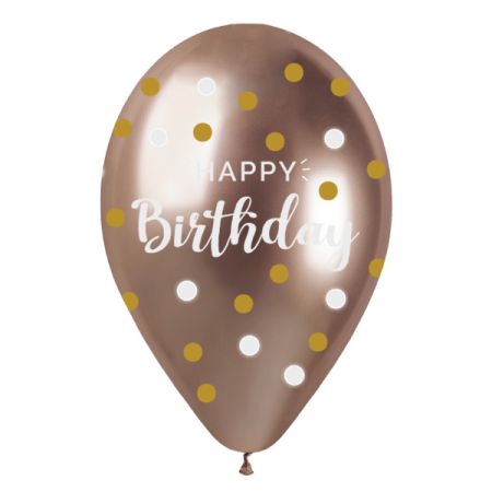 בלון GBS120 מודפס מבריק רוז גולד נקודות יום  הולדת שמח 096(אנגלית)- 50 יח